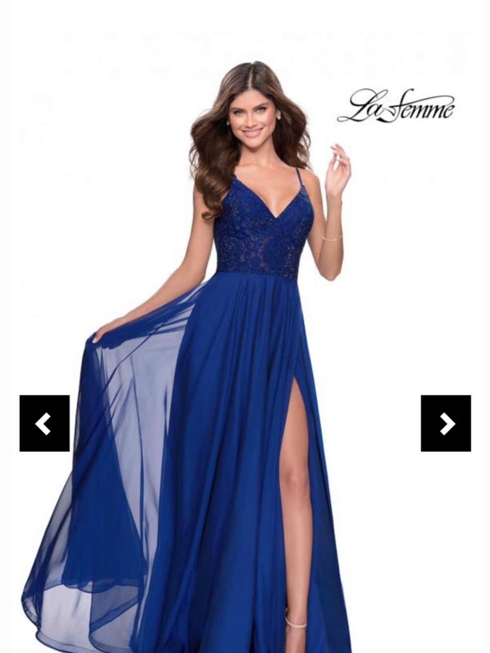 La Femme Cobalt Blue Lace Bodice Chiffon Maxi Dress with Slit. Size 2
